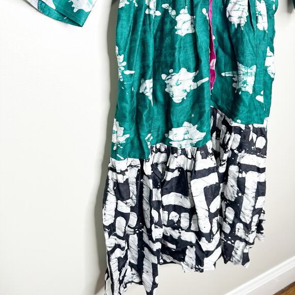 Busayo Tayo Mixed Batik Print Tie Dye Cotton Midi Puff Sleeve Dress Large - Picture 5 of 7